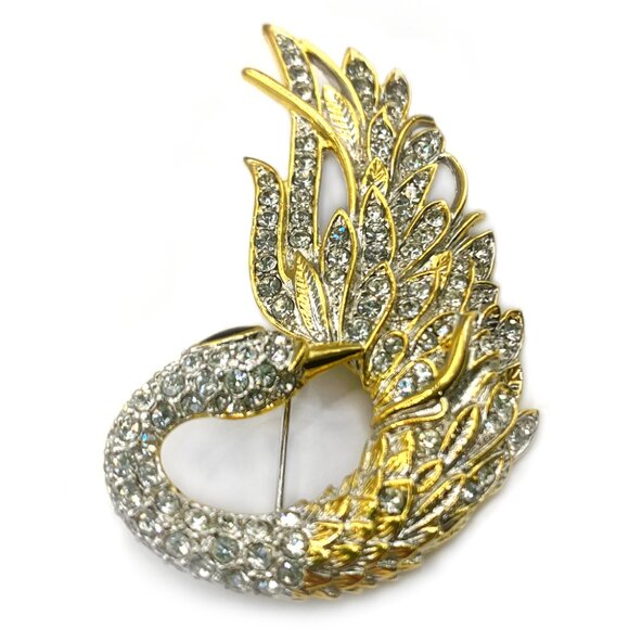 Swan Rhinestone Enamel Brooch Pin Pavé Gold Tone Costume Jewelry Vintage 80s-90s - Picture 3 of 7